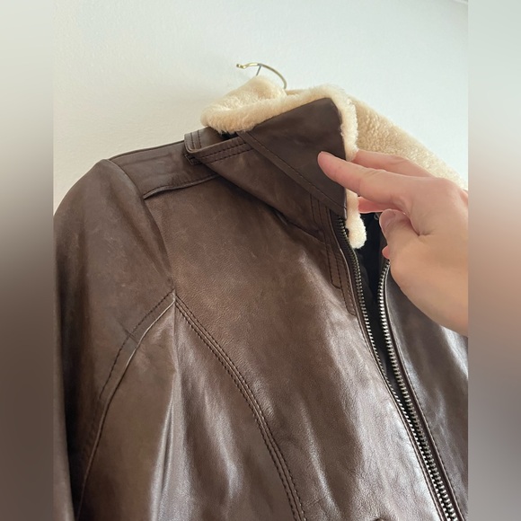 100% genuine brown leather bomber aviator jacket removable shearling collar - Picture 5 of 14